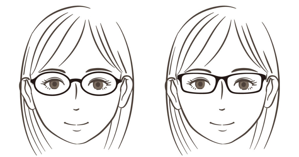 スクエア型メガネを掛ける女性とオーバル型メガネを掛ける女性の画像