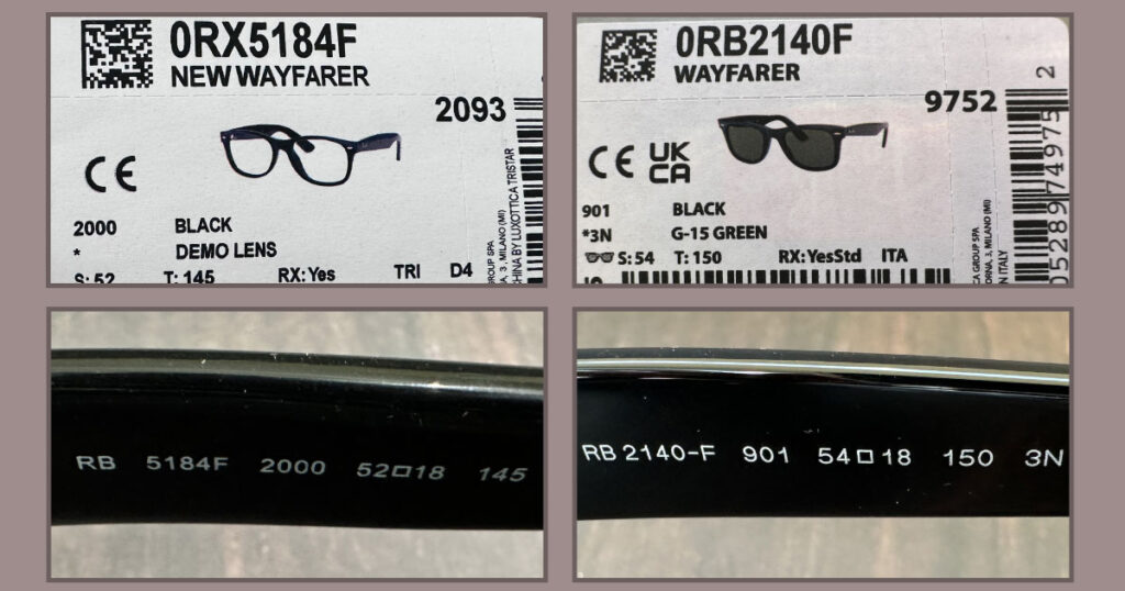 レイバンのサングラスとメガネの型番表記の違いがわかる画像