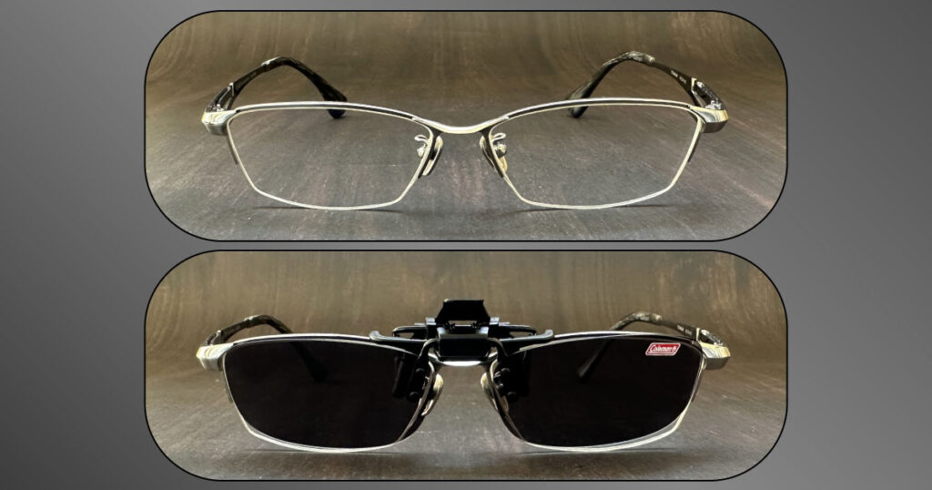 クリップオンサングラスを装着したメガネと通常のメガネの比較画像
