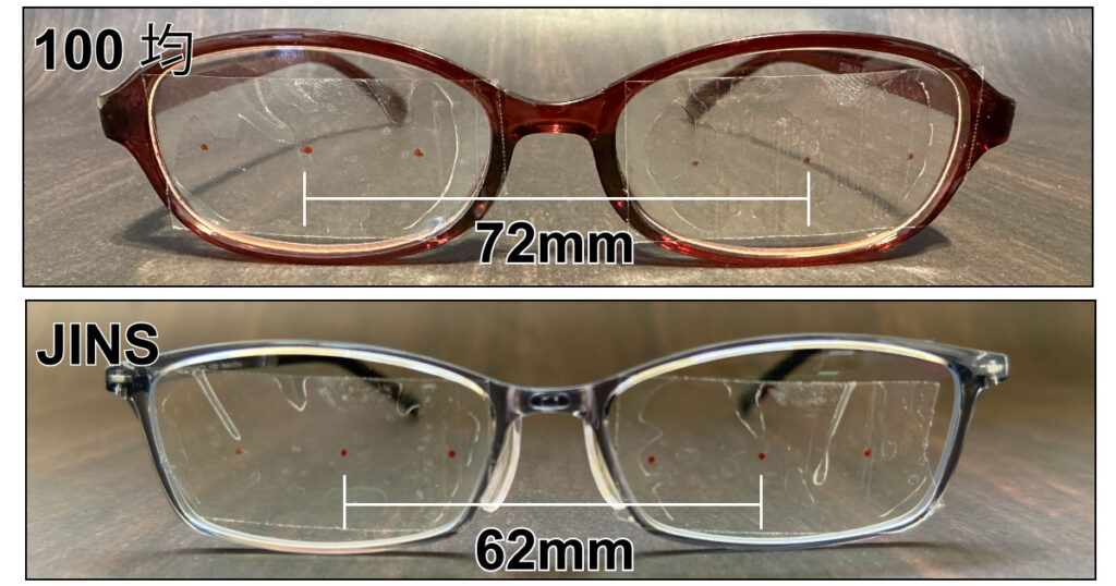100均とJINSの老眼鏡の光学中心間距離の比較